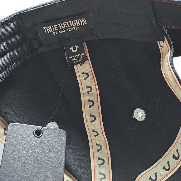 True Religion Black Red Embroidered Hat Mens Adjustable Strapback Cap Streetwear - Picture 9 of 10